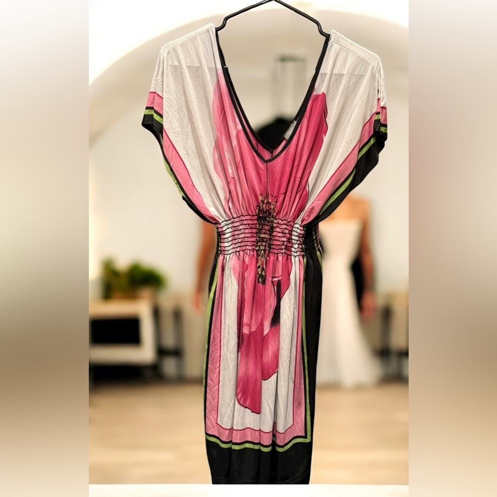 Dots Vibrant Pink Apparel dress MEDIUM length 35in pit to pit 15in + stretchy